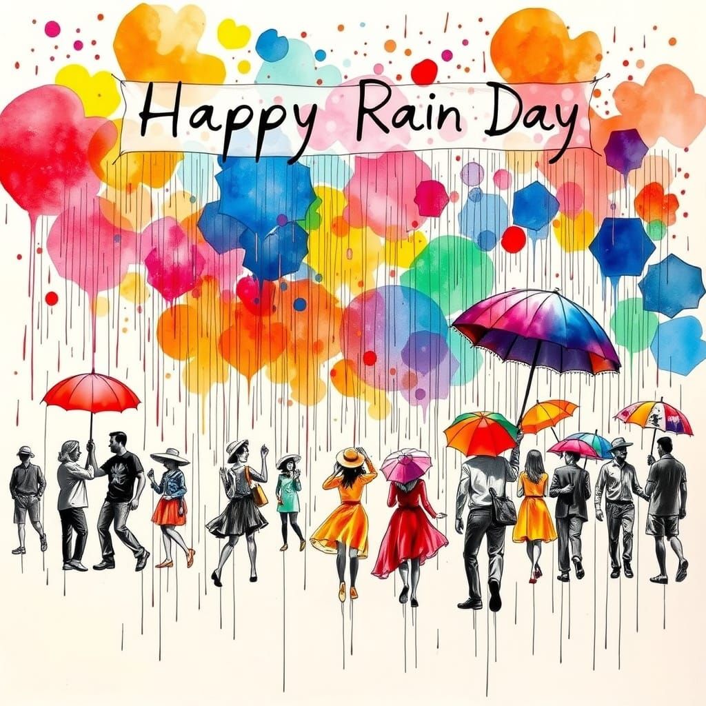 Desert Rain Celebration with Colorful Umbrellas
