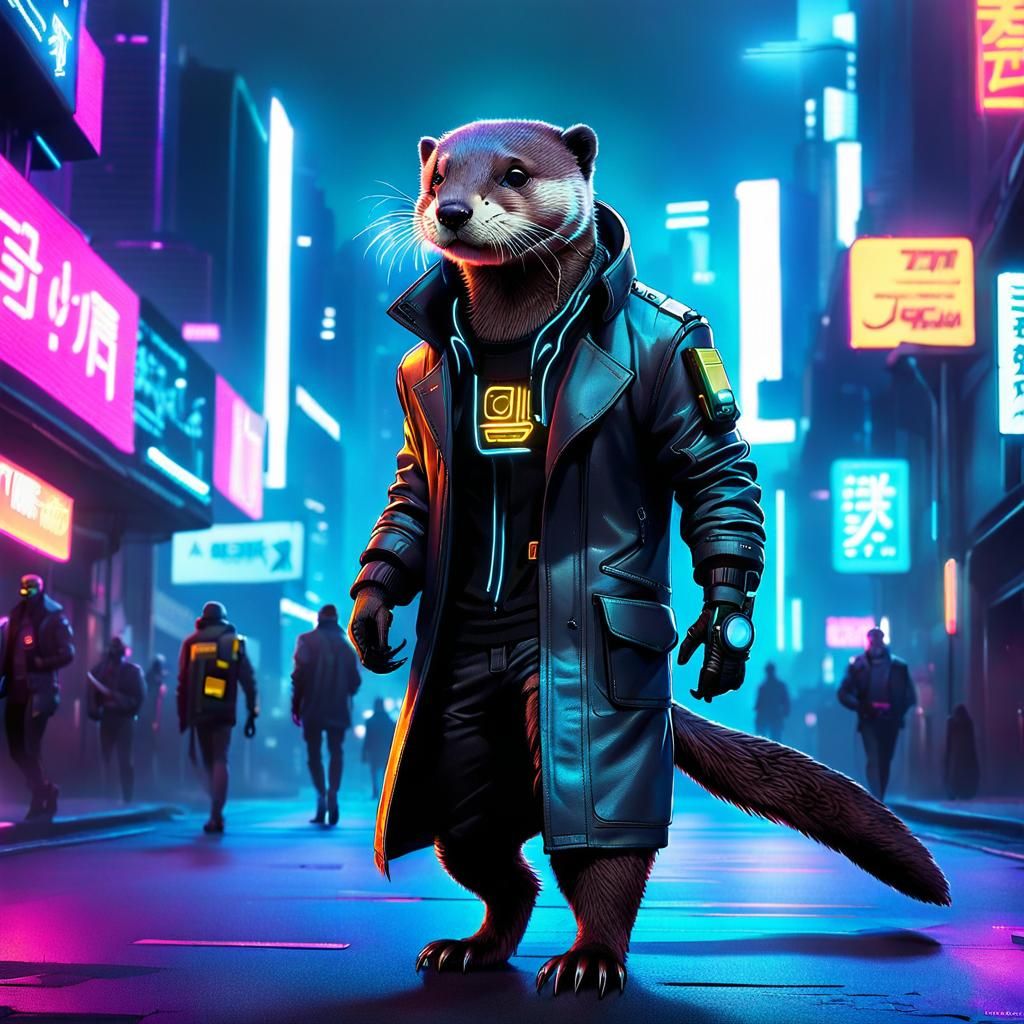 Cyberpunk Otter Strolls Through Neon Cityscape