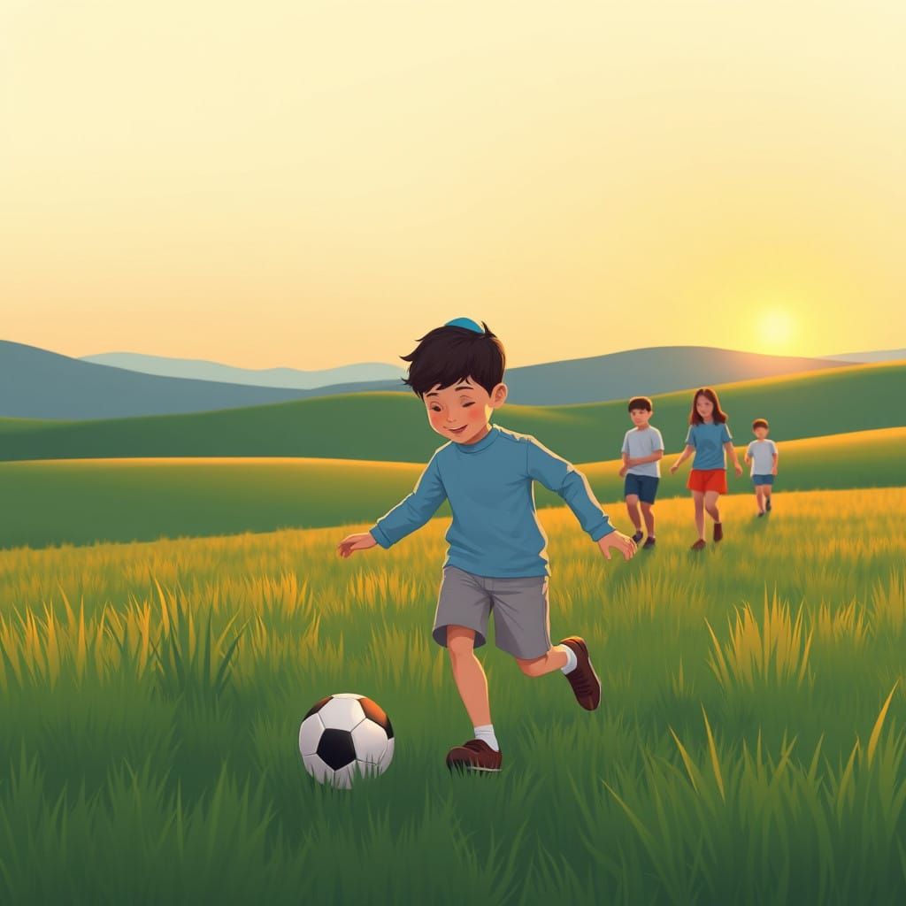 Happy Children Playing Soccer in a Lush Green Field at Sunse...