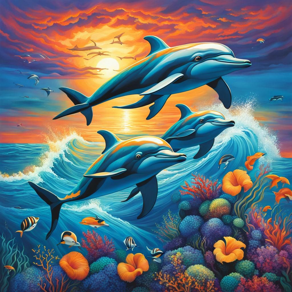 Fantastical Dolphins Swimming in a Magical Sea