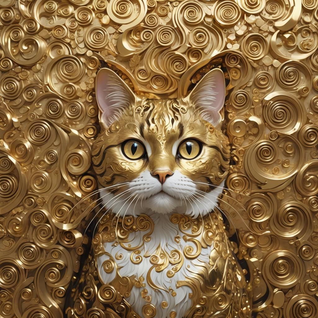 Anime Cat with Gold Leaf Swirls in Cubist Style