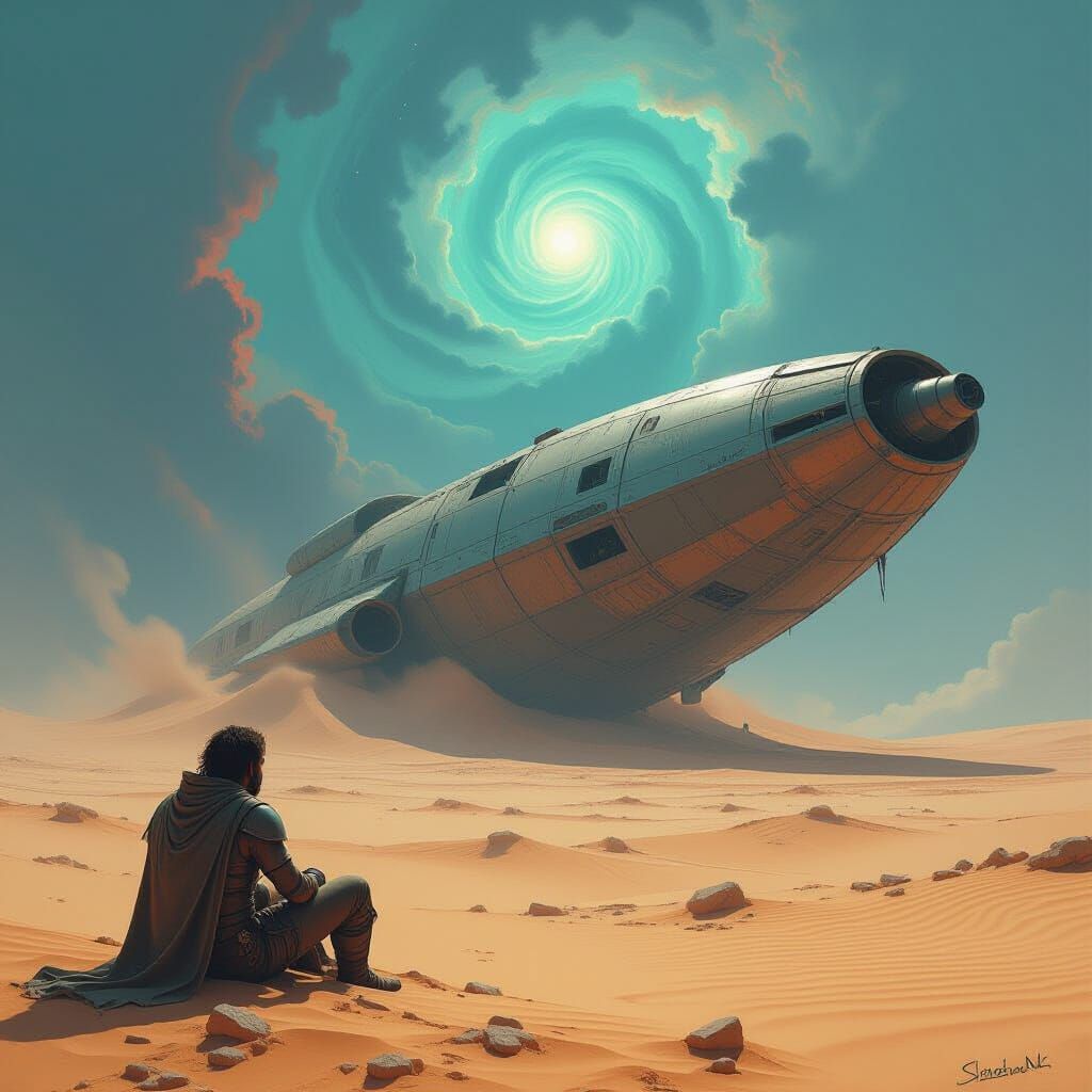 Kayi Warrior Surveys Ruined Spaceship on Alien Planet