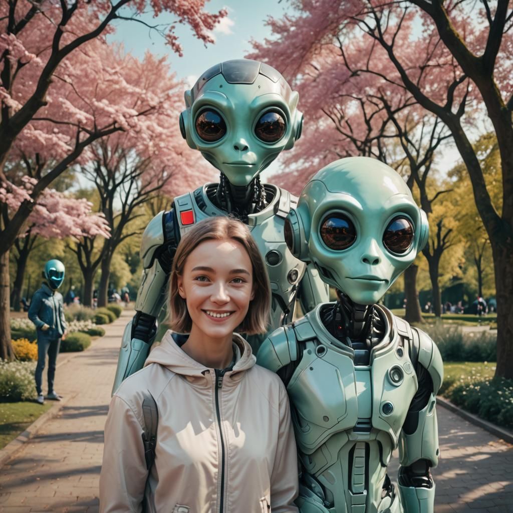 Happy Couple Selfie with Alien Photobomb in Futuristic Park