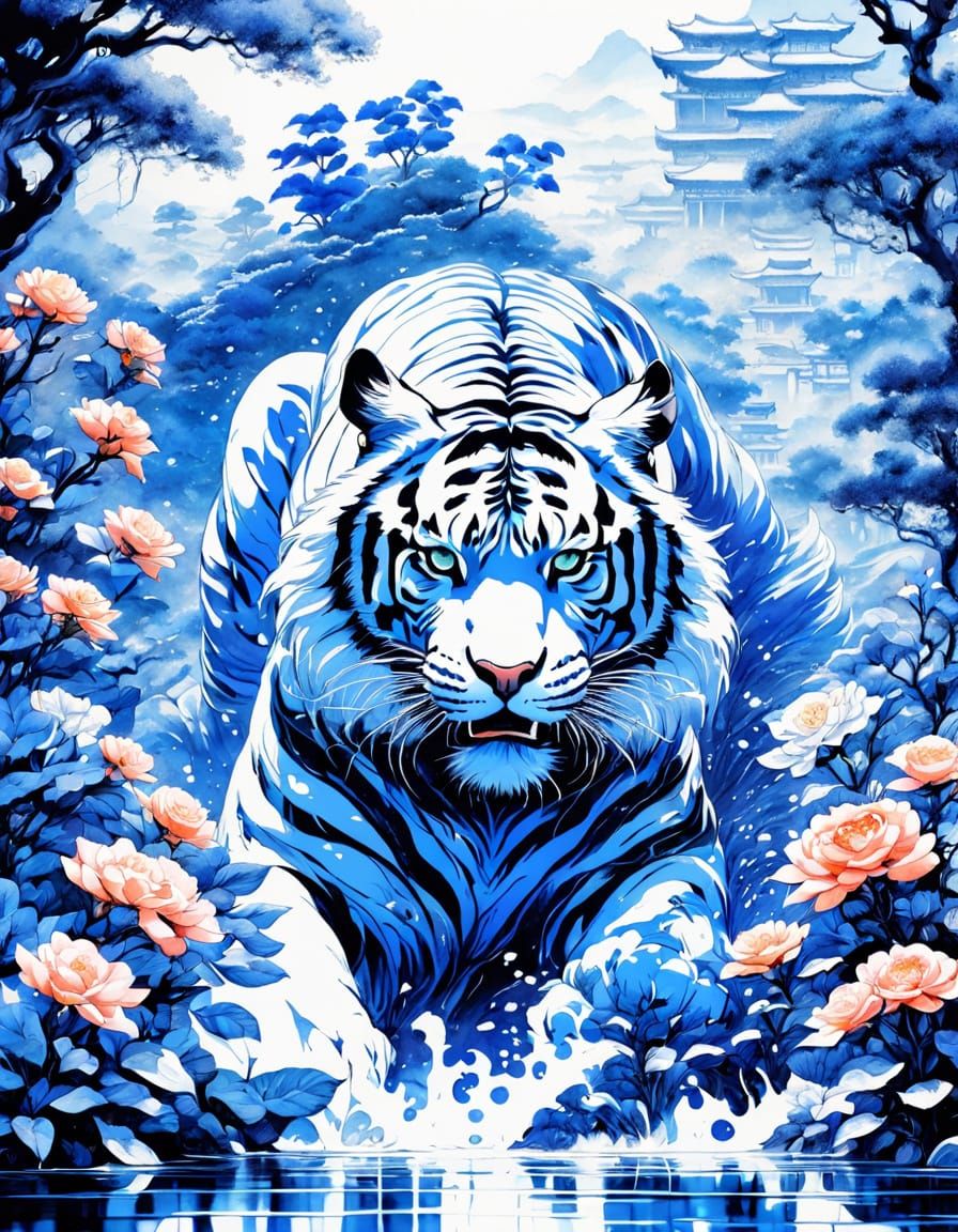 Surreal Water Tiger in Blue Chinese Landscape