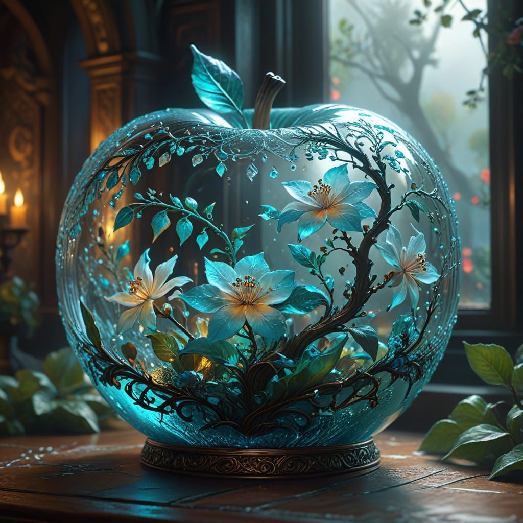 Turquoise Crystal Stained-Glass Apple with Floral Scene
