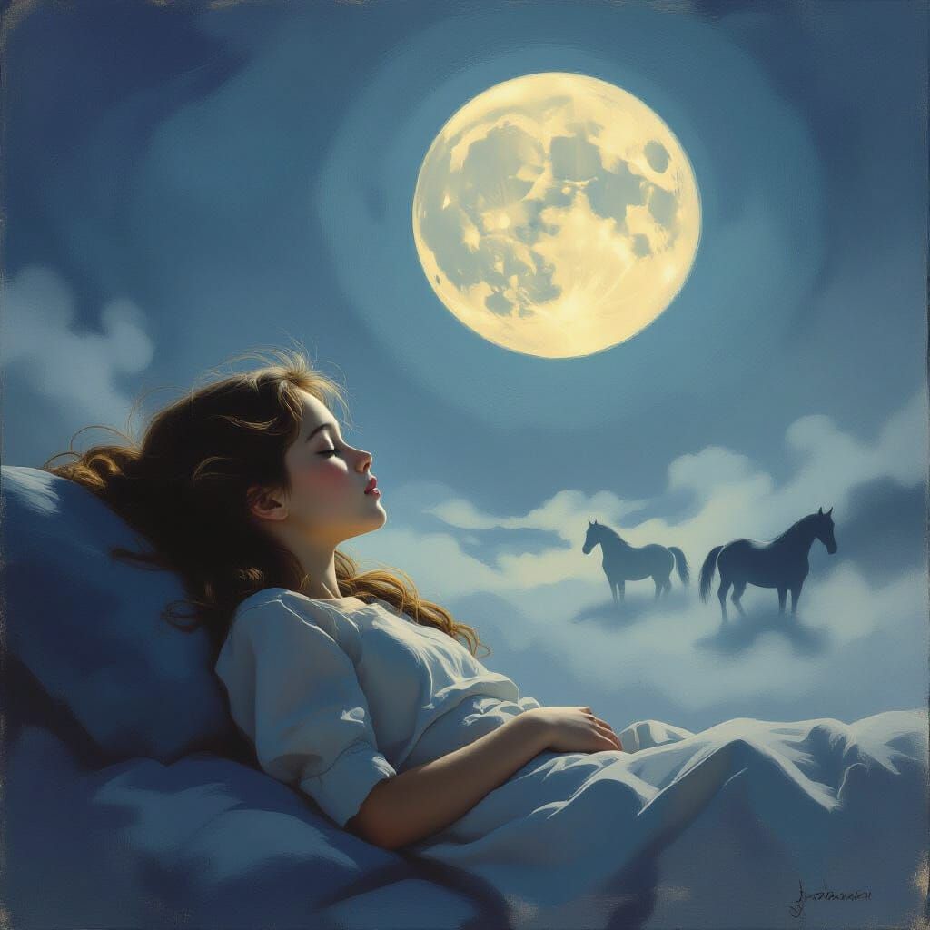 Sleeping Girl Soaring in Moonlit Night Sky