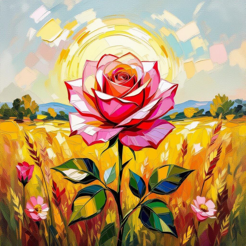 Neo-Impressionist Oil Painting of a Giant Rose in a Meadow