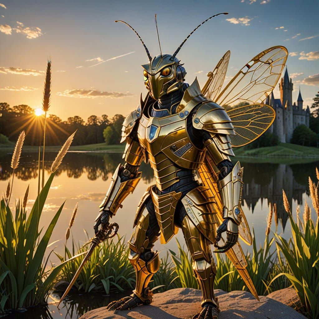 Golden Armored Grasshopper Guards Reed Castle at Sunset