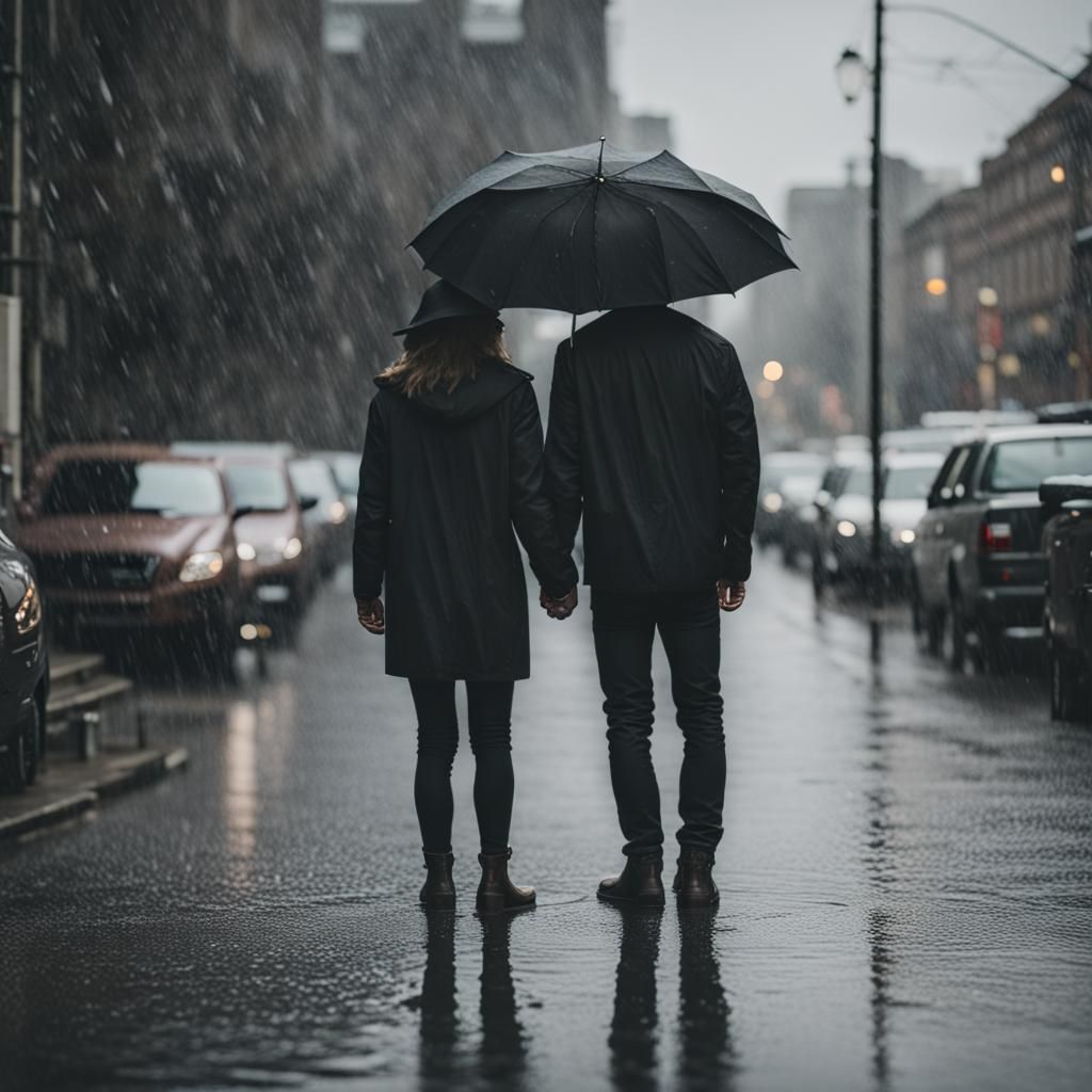 Romantic Couple Holding Hands in the Rain