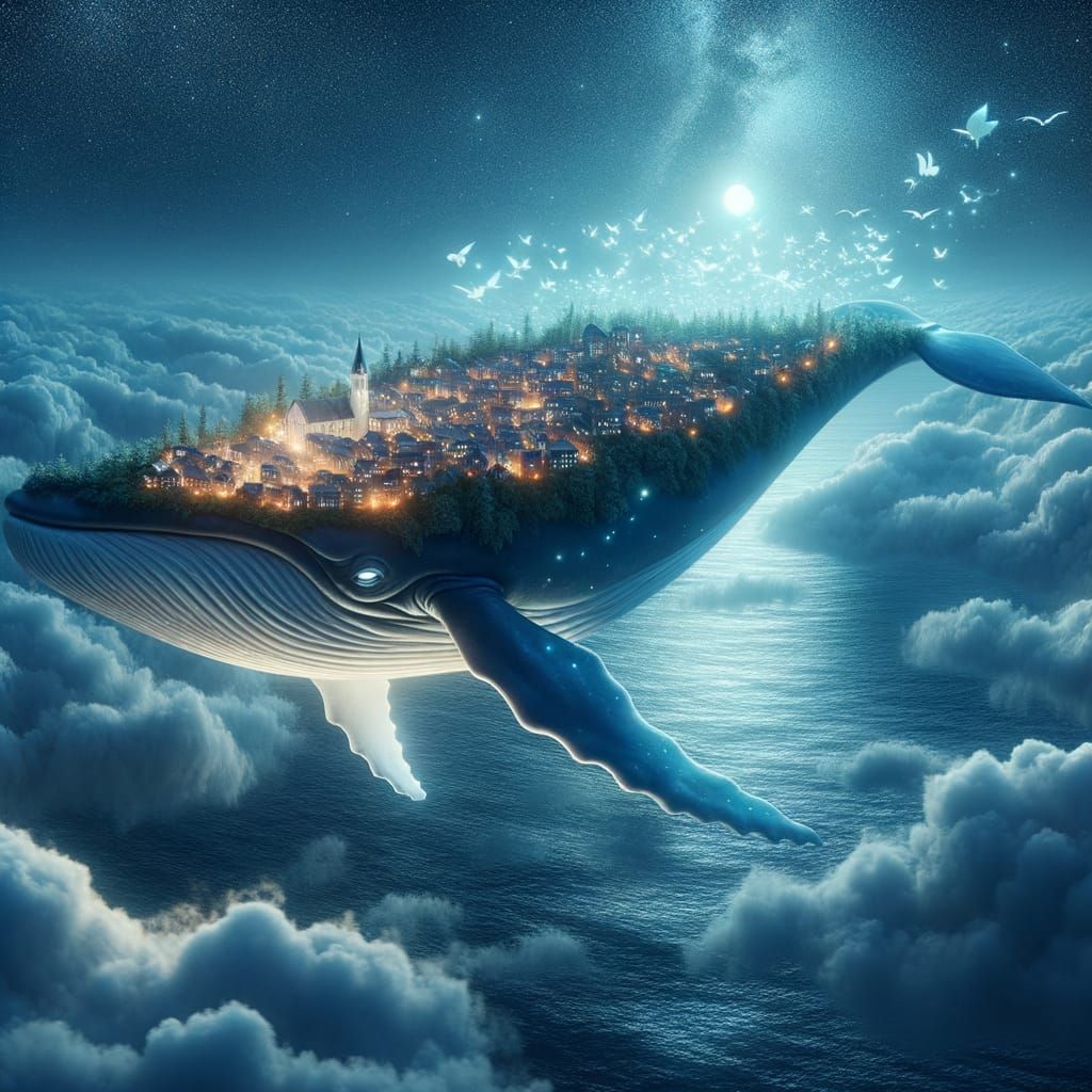 Whale Soars Above Clouds with Enchanted Floating Town