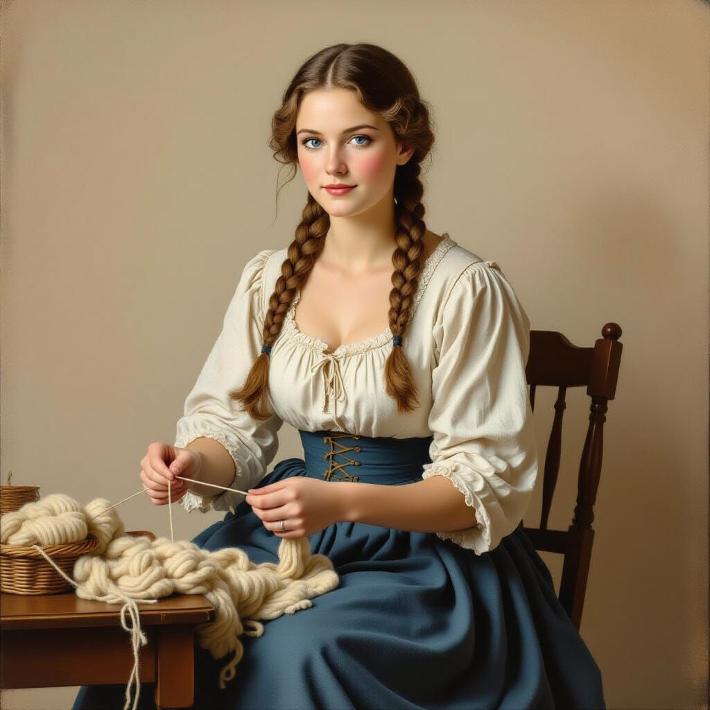 Colonial American Woman Spinning Wool in 1776