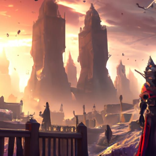 Desert Market Square with Purple Sun, Dark Fantasy Art