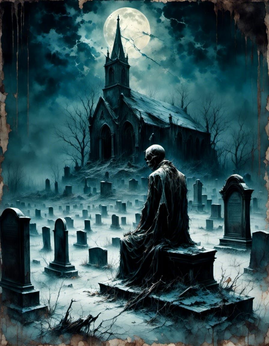 Death Smoking in Haunted Cemetery with Moonlight