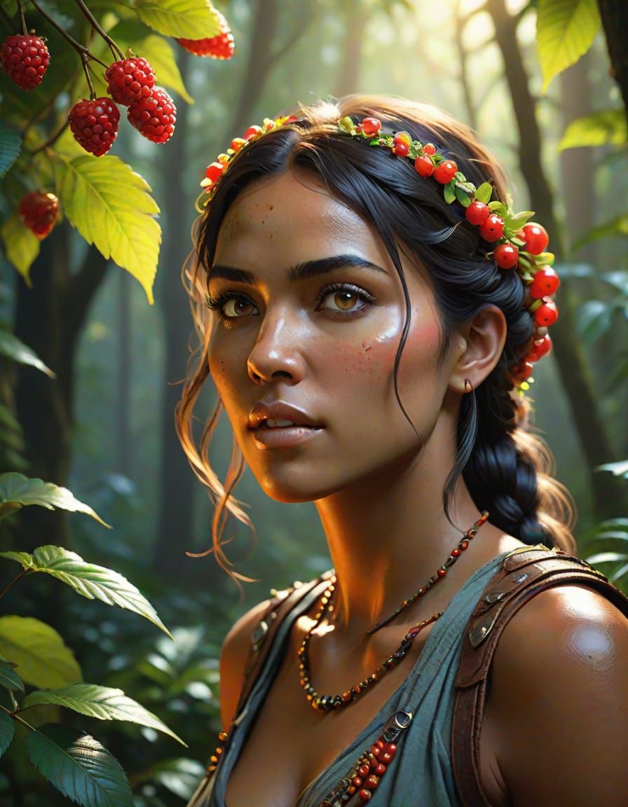 Hyperrealistic Prehistoric Woman in a Vibrant Forest