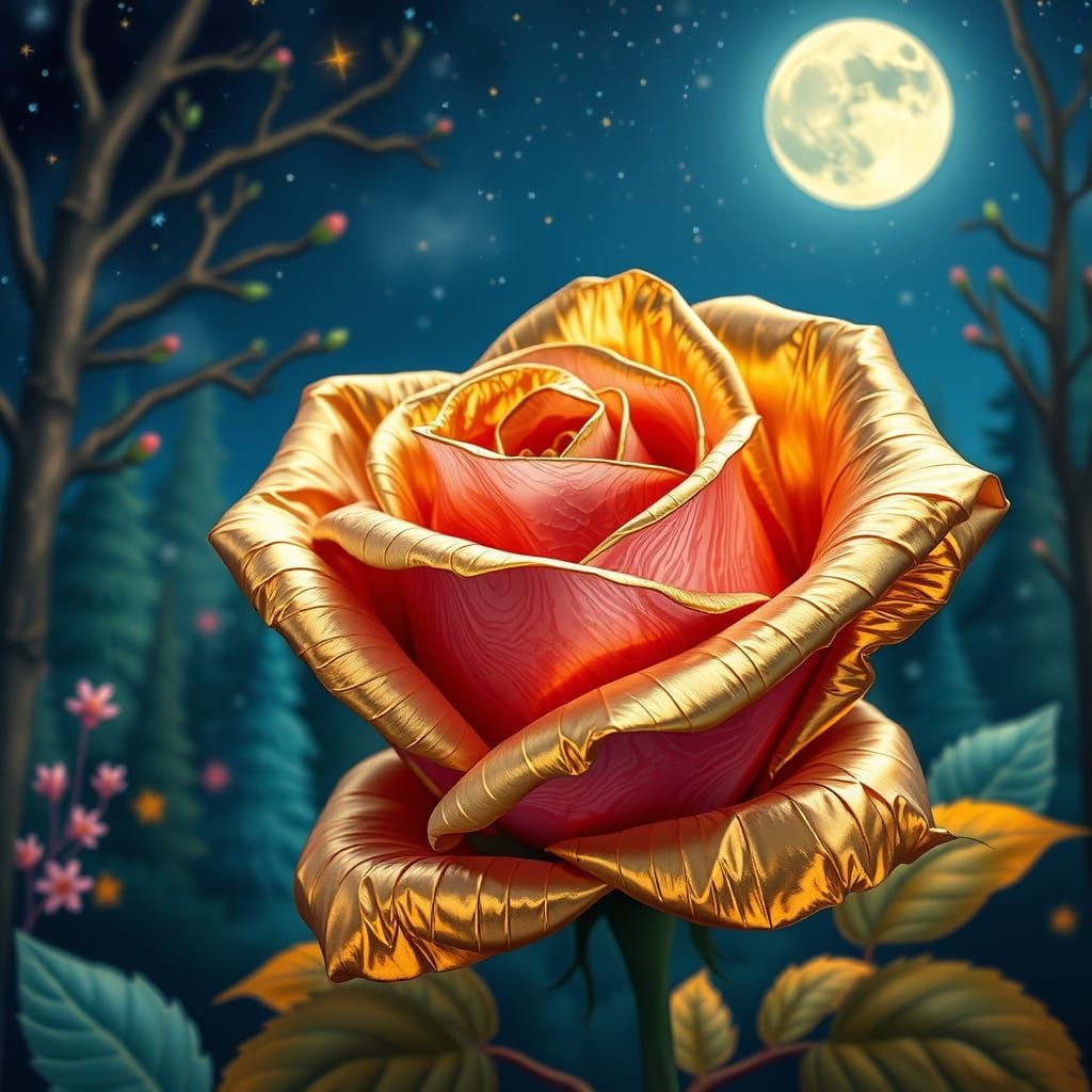 Golden Rose in Moonlit Forest: Dreamy Illustration