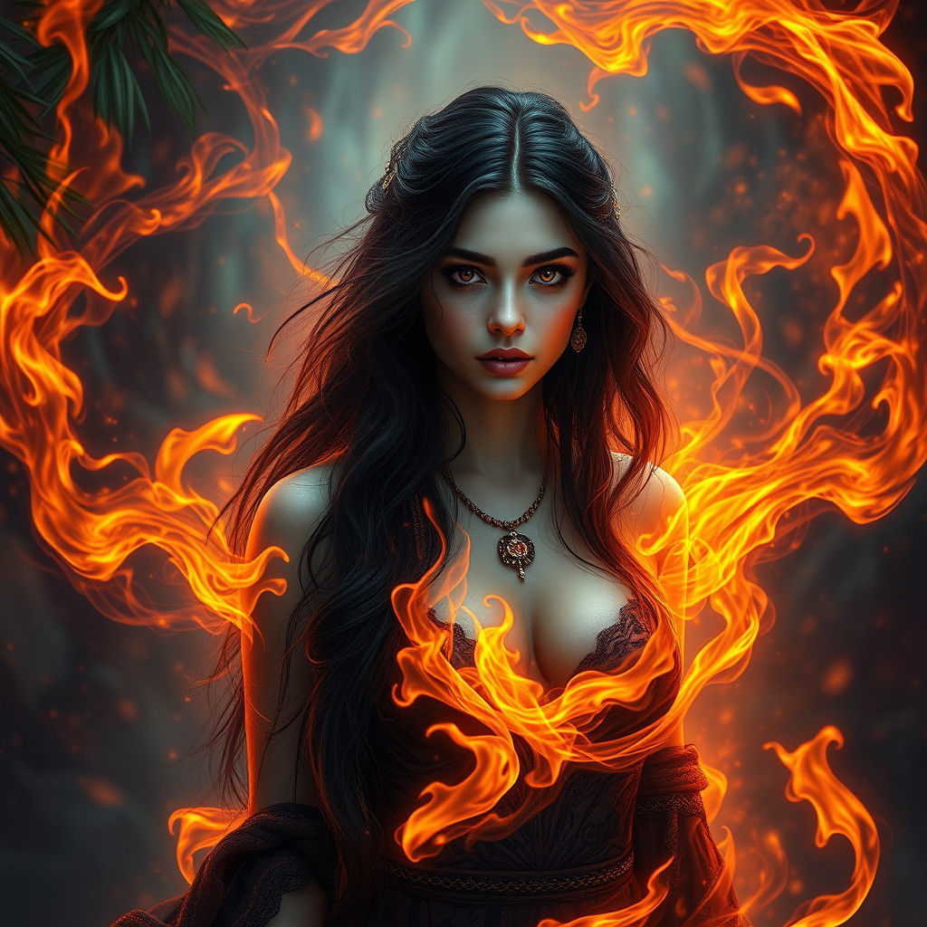 Ethereal Woman Surrounded by Swirling Flames