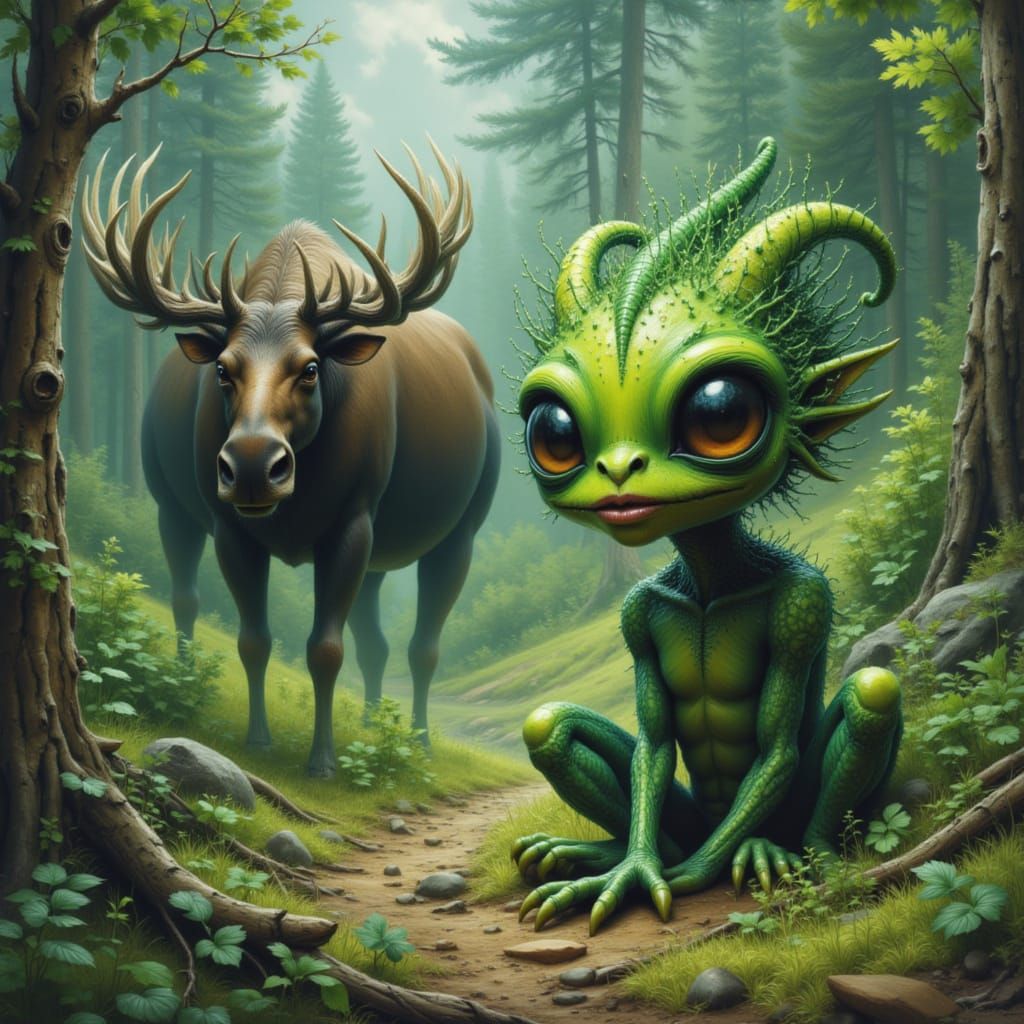 Crazy Alien in Forest: Gouache Gothic Nouveau Style