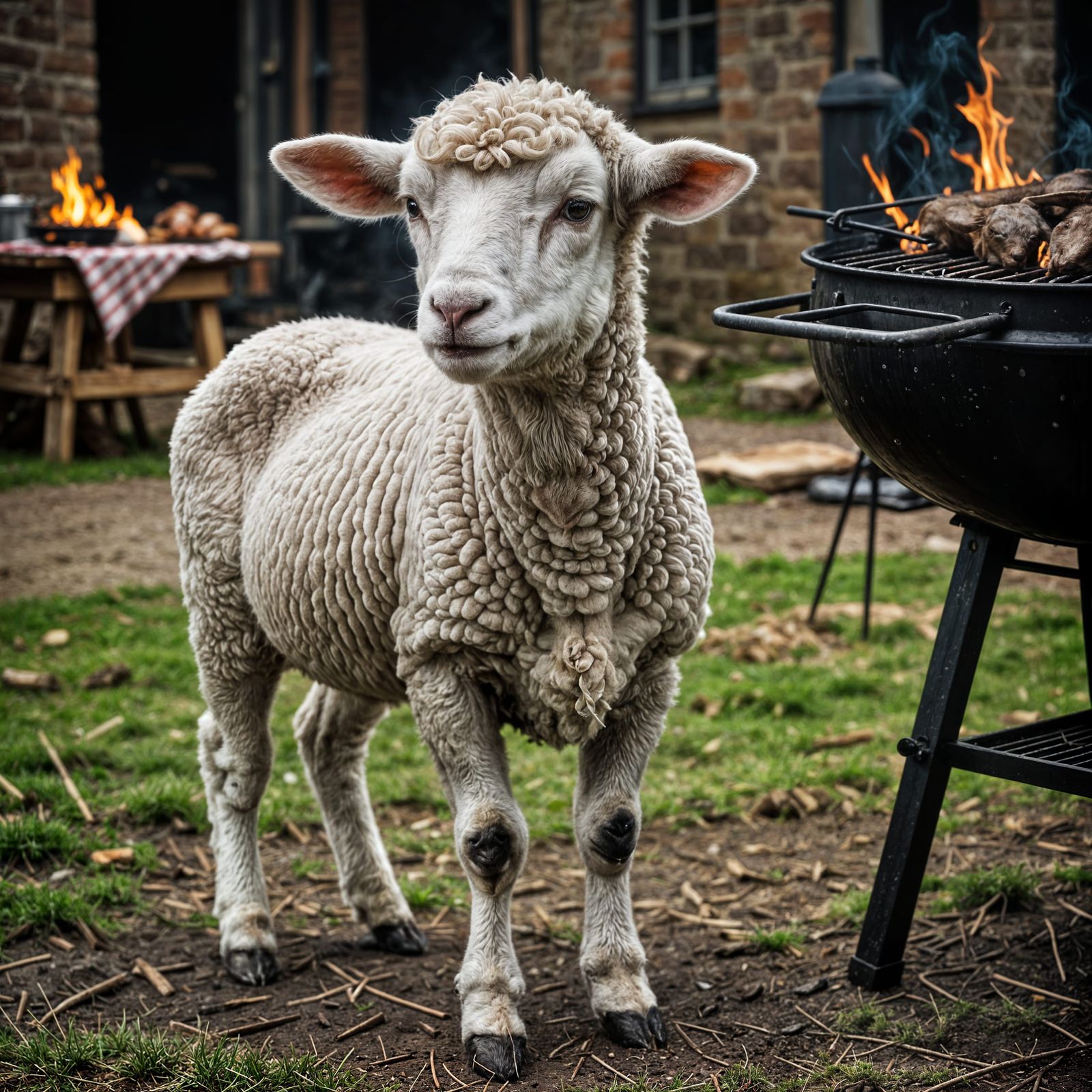 Nervous Lamb by a BBQ in Hyperrealistic Style