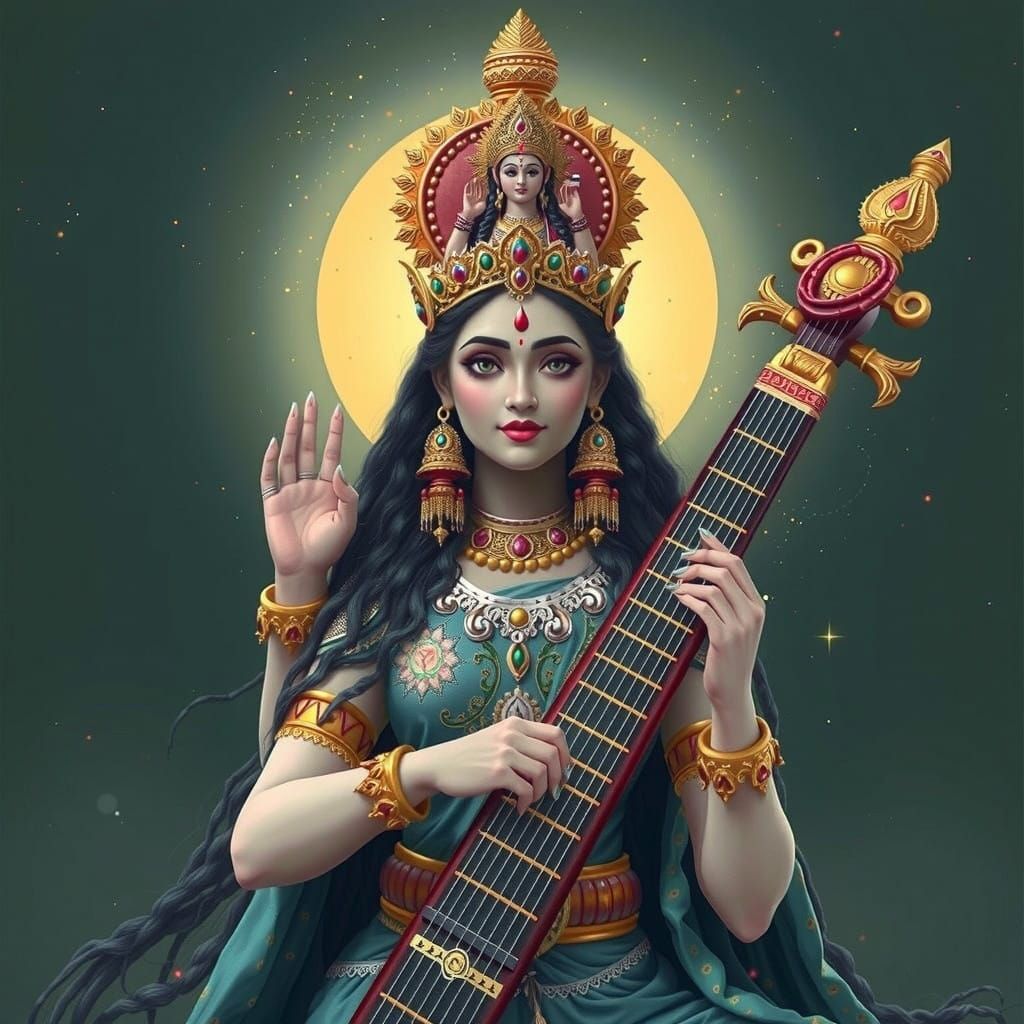 Ethereal Goddess Saraswati Portrait in Mystical Indian Art S...