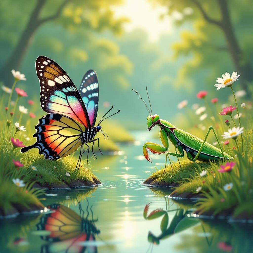 Butterfly and Praying Mantis in Pop Art Style