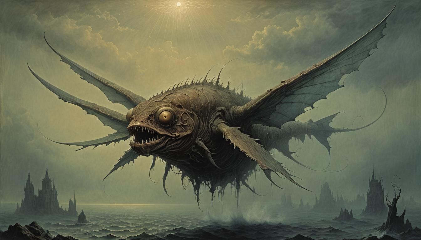 Nightmarish Flying Monkfish in Dark Surrealism Style