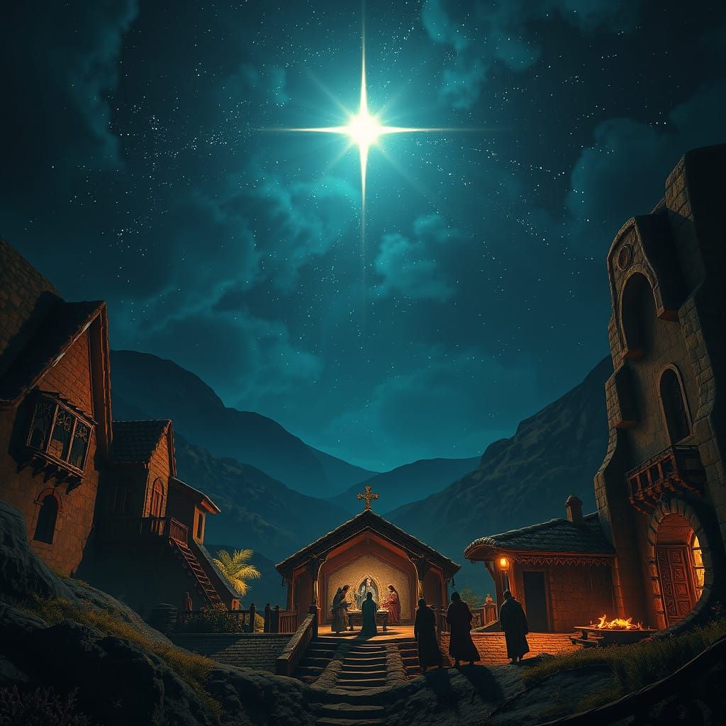 Fantastical Bethlehem Scene at Night with a Bright Star