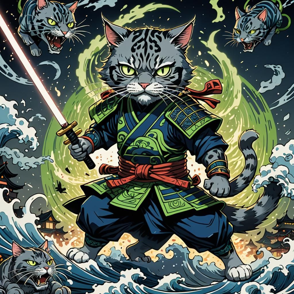 Samurai Cat Ready for Battle in Manga Comic Art