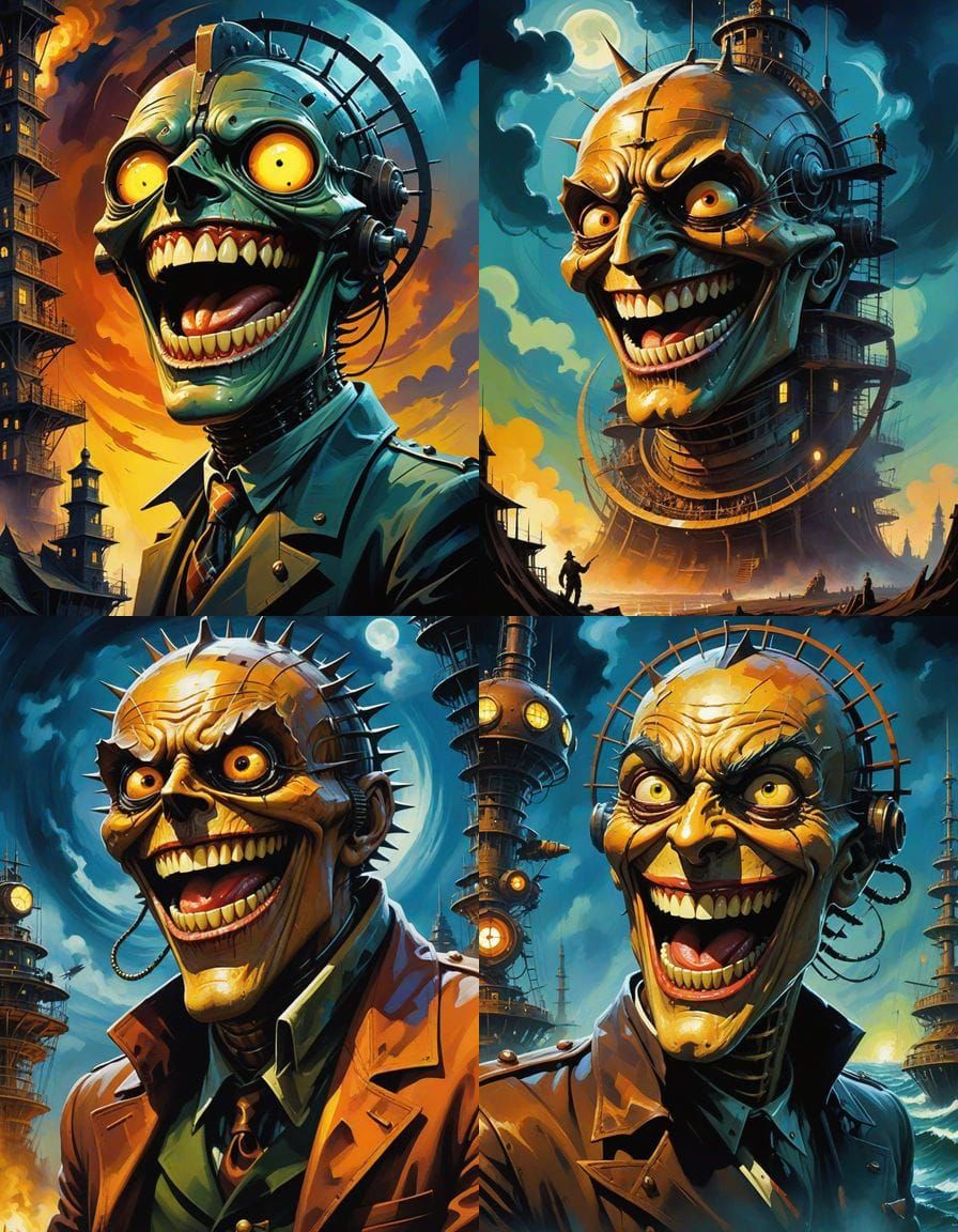 Nightmarish Dieselpunk Grin in Nitrate Film Style