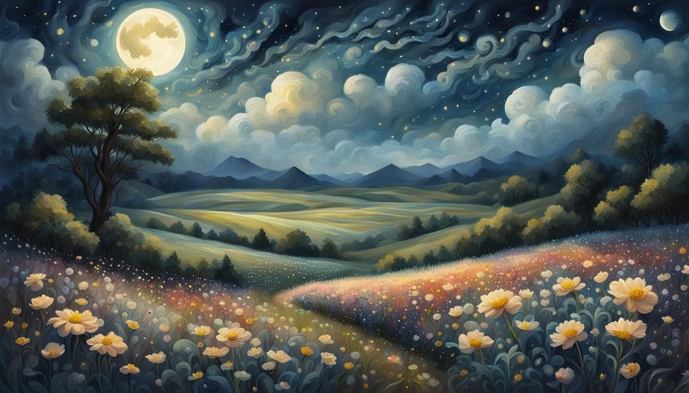 Moonlit Flower Field with Swirling Clouds