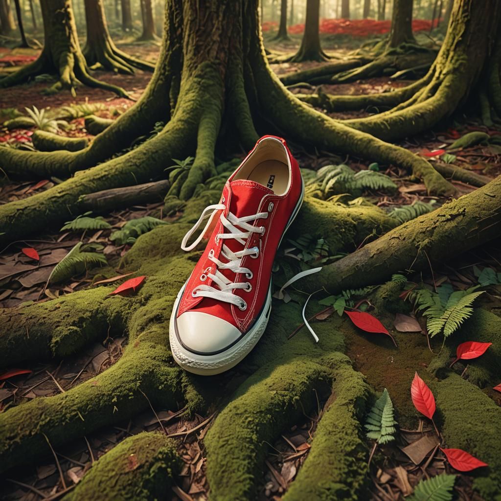 Red Converse Shoe in Mystical Forest, Matte Painting