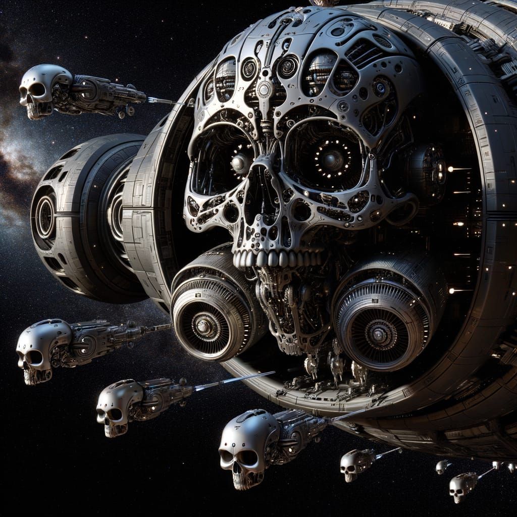 Mechanical Skulls Repairing Spaceship in Cosmic Scene