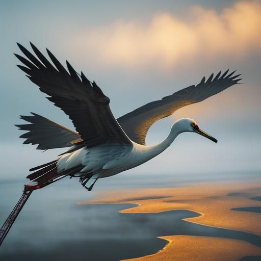 Crane Soaring in Golden Autumn Sky