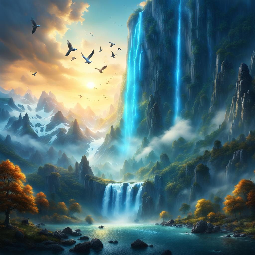 Majestic Blue Waterfall Landscape in Digital Painting Style