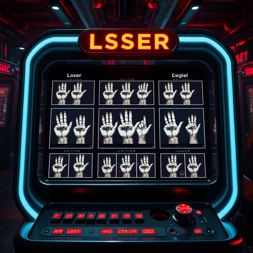 Futuristic Gambling Machine Displaying Loser Hand Signals