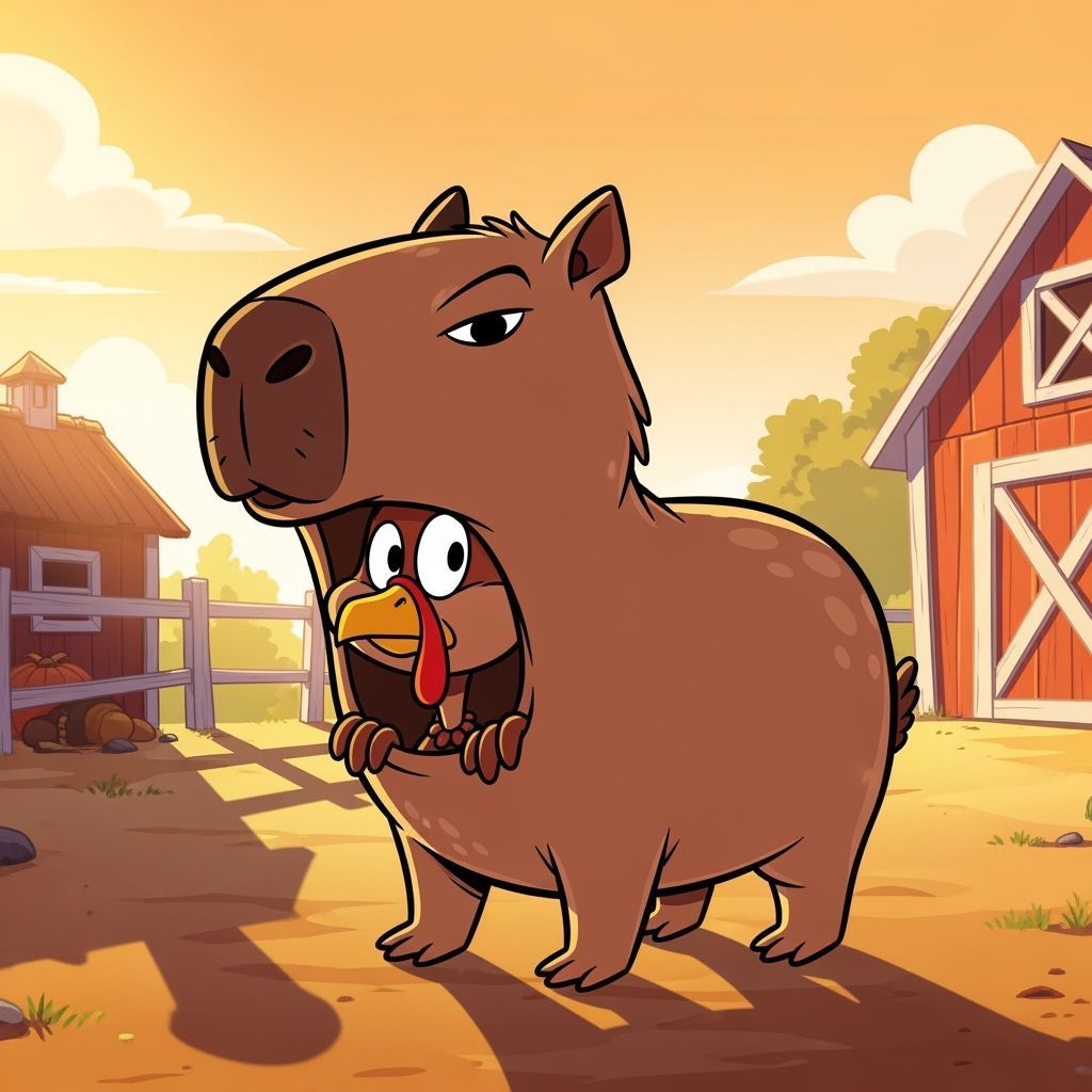 Cartoon Turkey in Capybara Costume on Farm