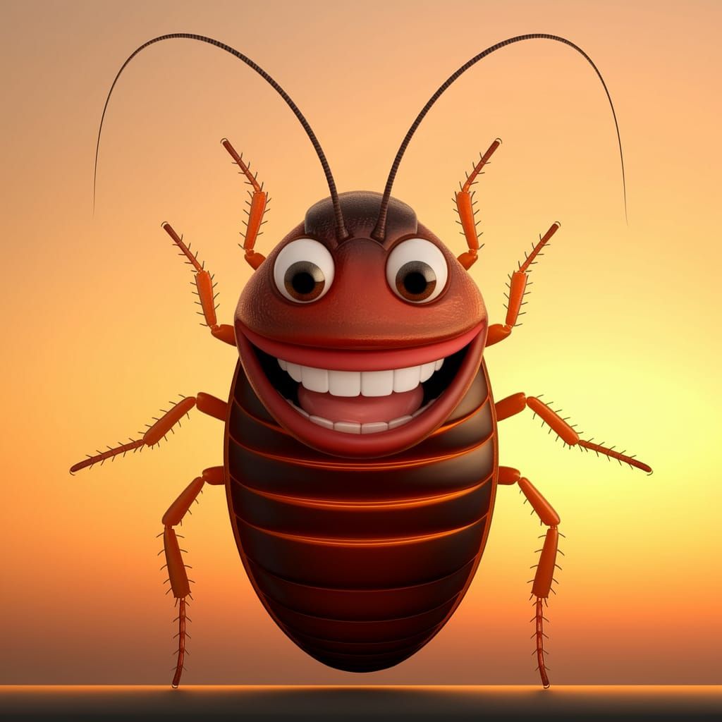 Vibrant Cockroach with Human Smile at Golden Sunset