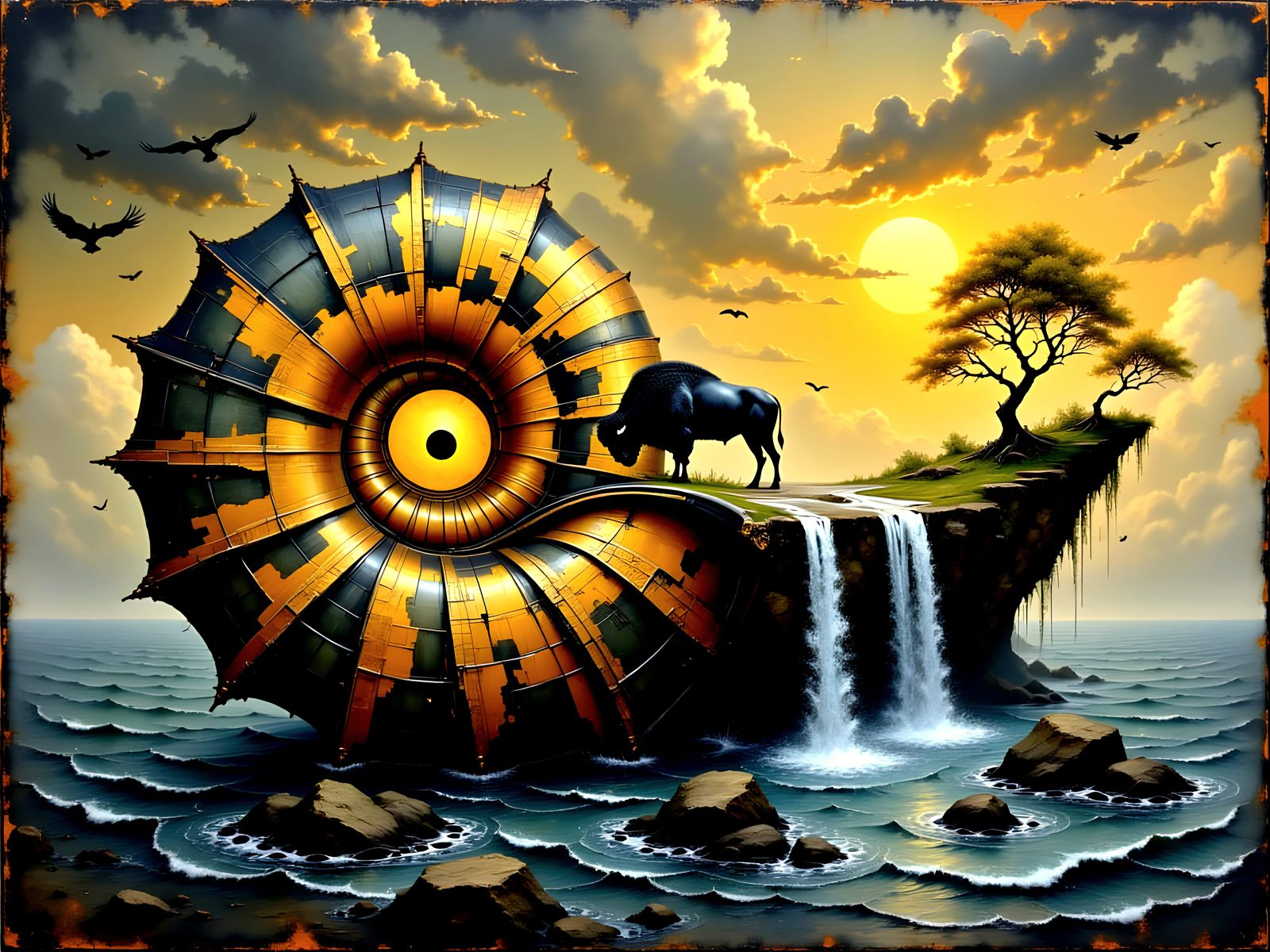 Surreal Buffalo Nautilus Dreamscape in Watercolor