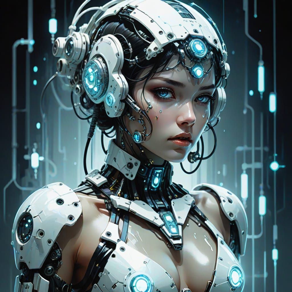 Cyborg Woman in bioluminescent white glow, multilayered_eyes...