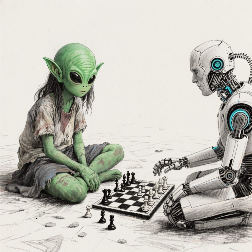 Alien Girl and Cyborg Play Chess in Charcoal Sketch