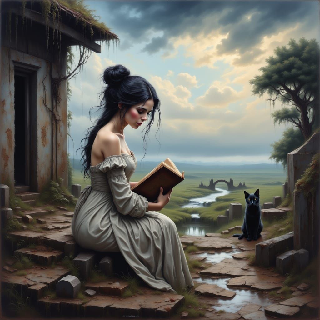 Serene Oil Painting of Woman Reading by River