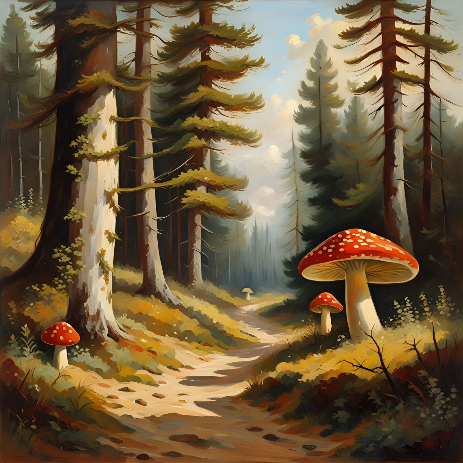 Stone Path Through Toadstool Forest: Oil Painting