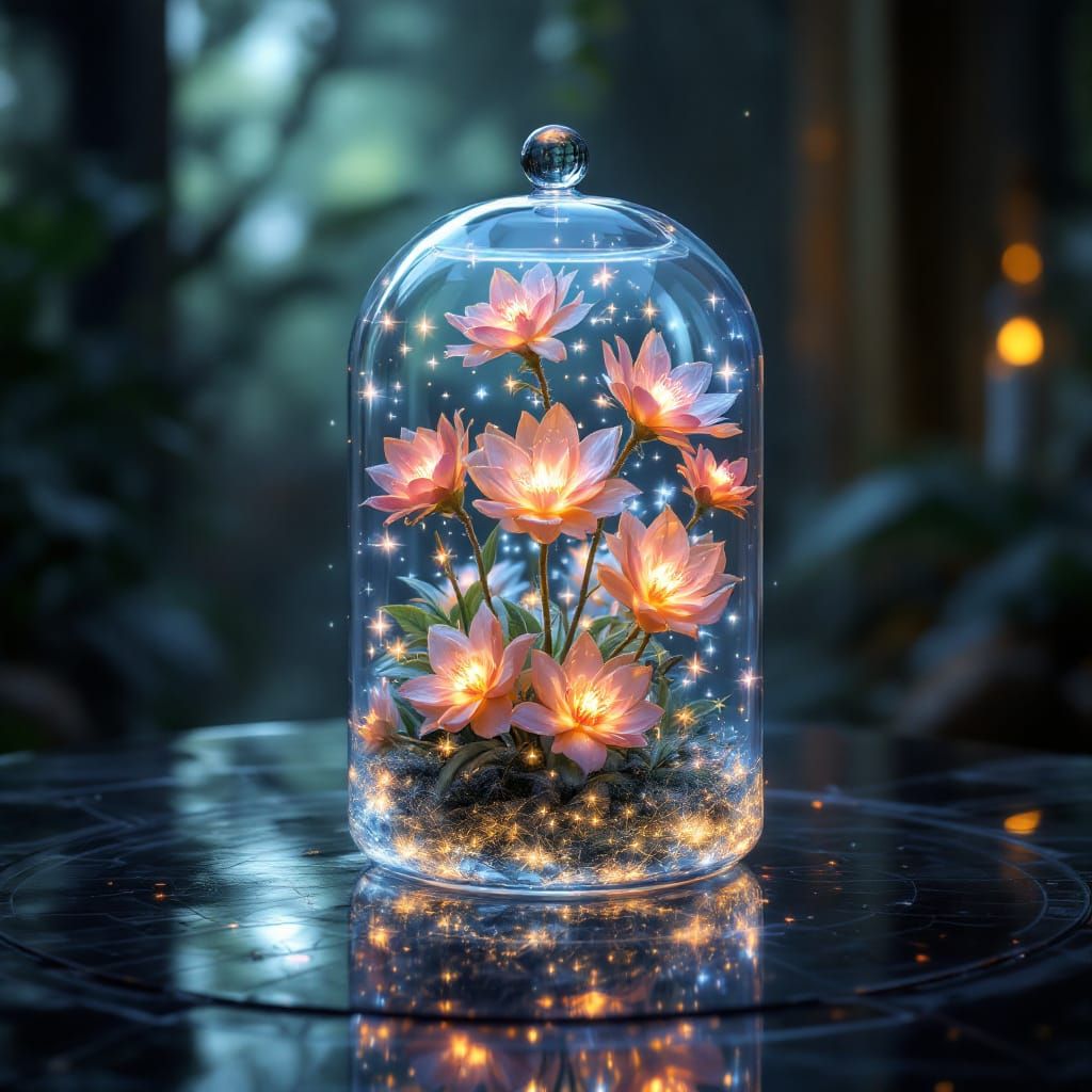 Ethereal Glass Container with Bioluminescent Plants and Ange...