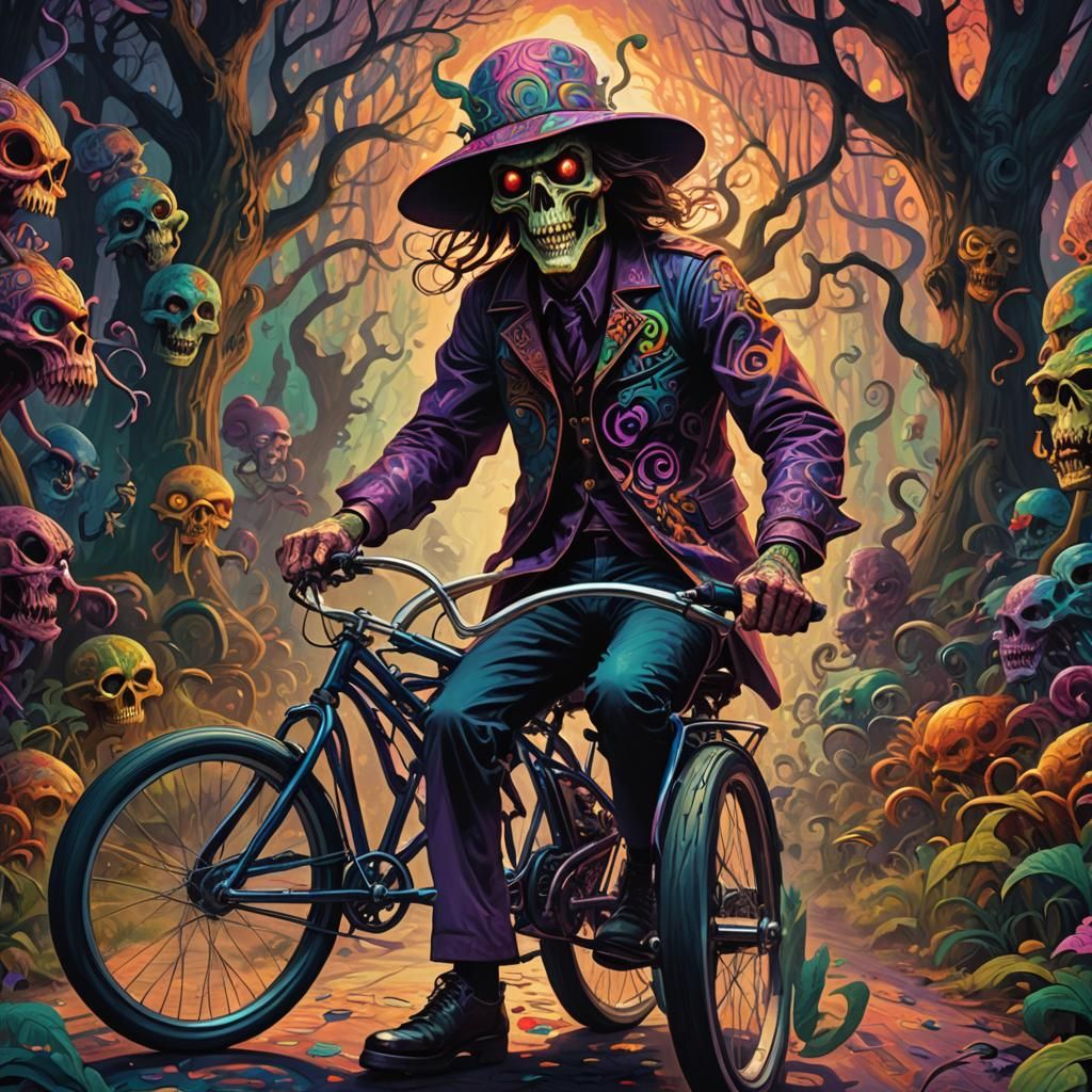 Sinister Psychedelic Bicycle Ride in Fantasy Art Style