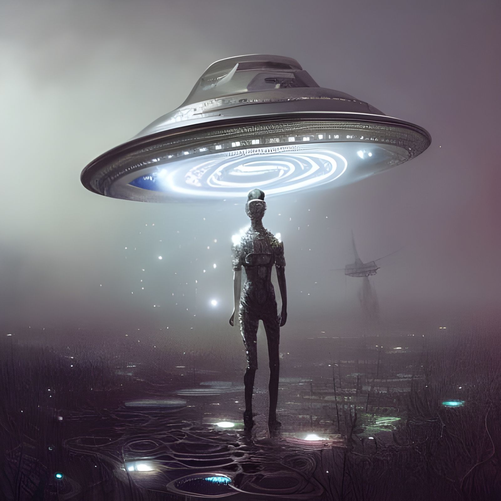 Detailed Silver UFO Landing in Space