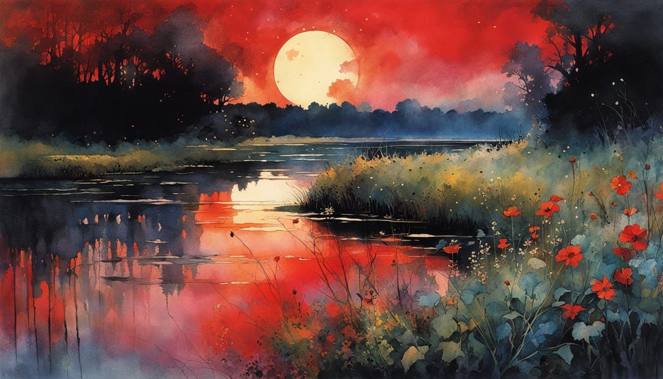 Celestial Eclipse Over Swamp: Watercolor Print Art