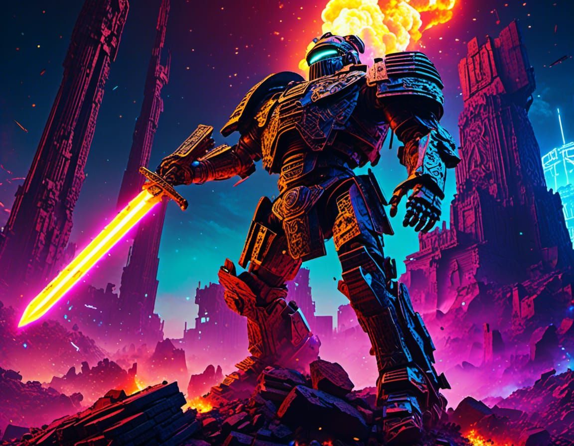 Sci-Fi Robot Centurion in Neon Battle Scene