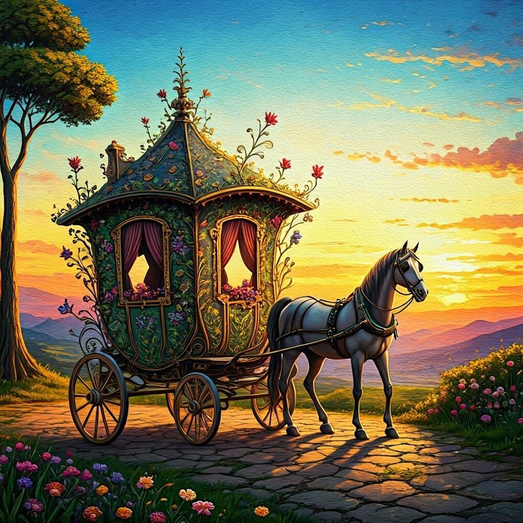 Whimsical Fairy House and Horse Carriage in Watercolour