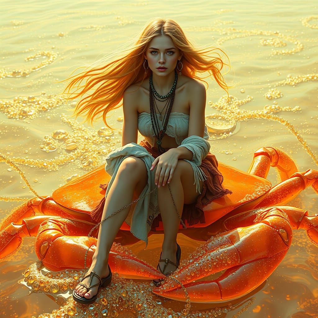 Woman on Gummy Crab in Effervescent Sea