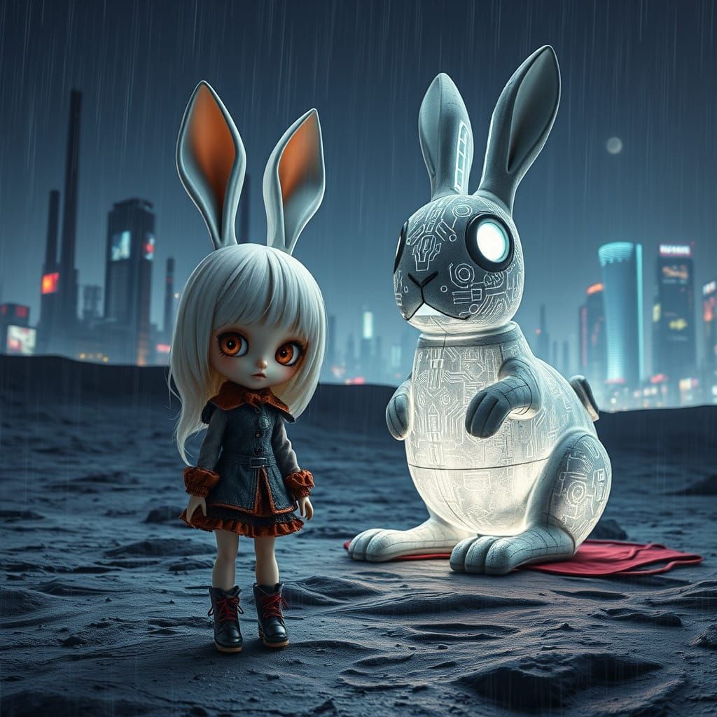 Cyberpunk Blythe Doll on the Neon Moon with Rabbit Sculpture