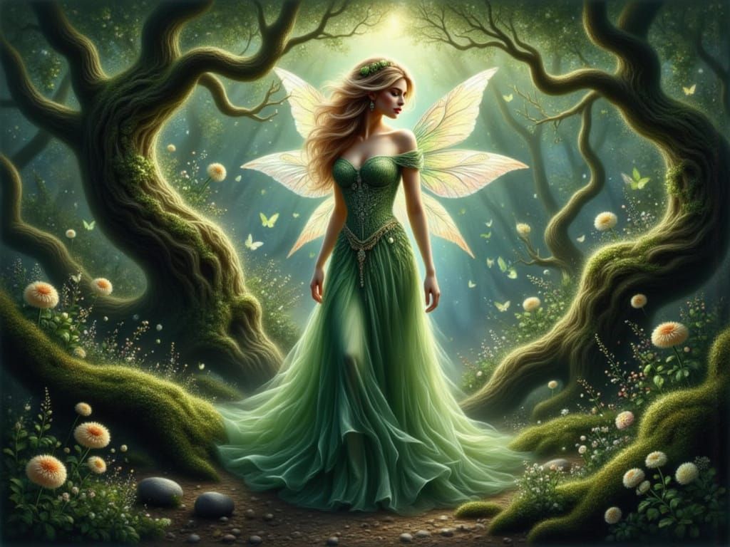 Ethereal Druid Fairy Amidst Mossy Forest